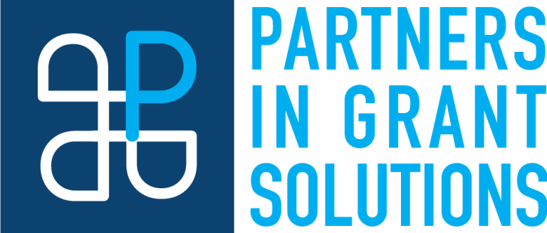 PGS Logo with squar logomark to the left and text stacked to the right. Colors are dark blue, light blue and white